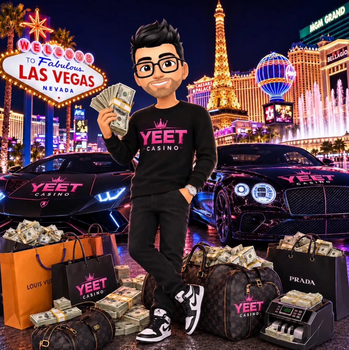 Moose — cartoon avatar in a Yeet Casino hoodie on the Las Vegas strip